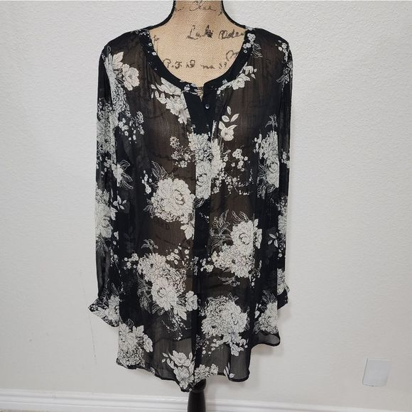 Roz‎ & Ali sheer metallic thread black white and gold tunic plus size 2X - Picture 1 of 8